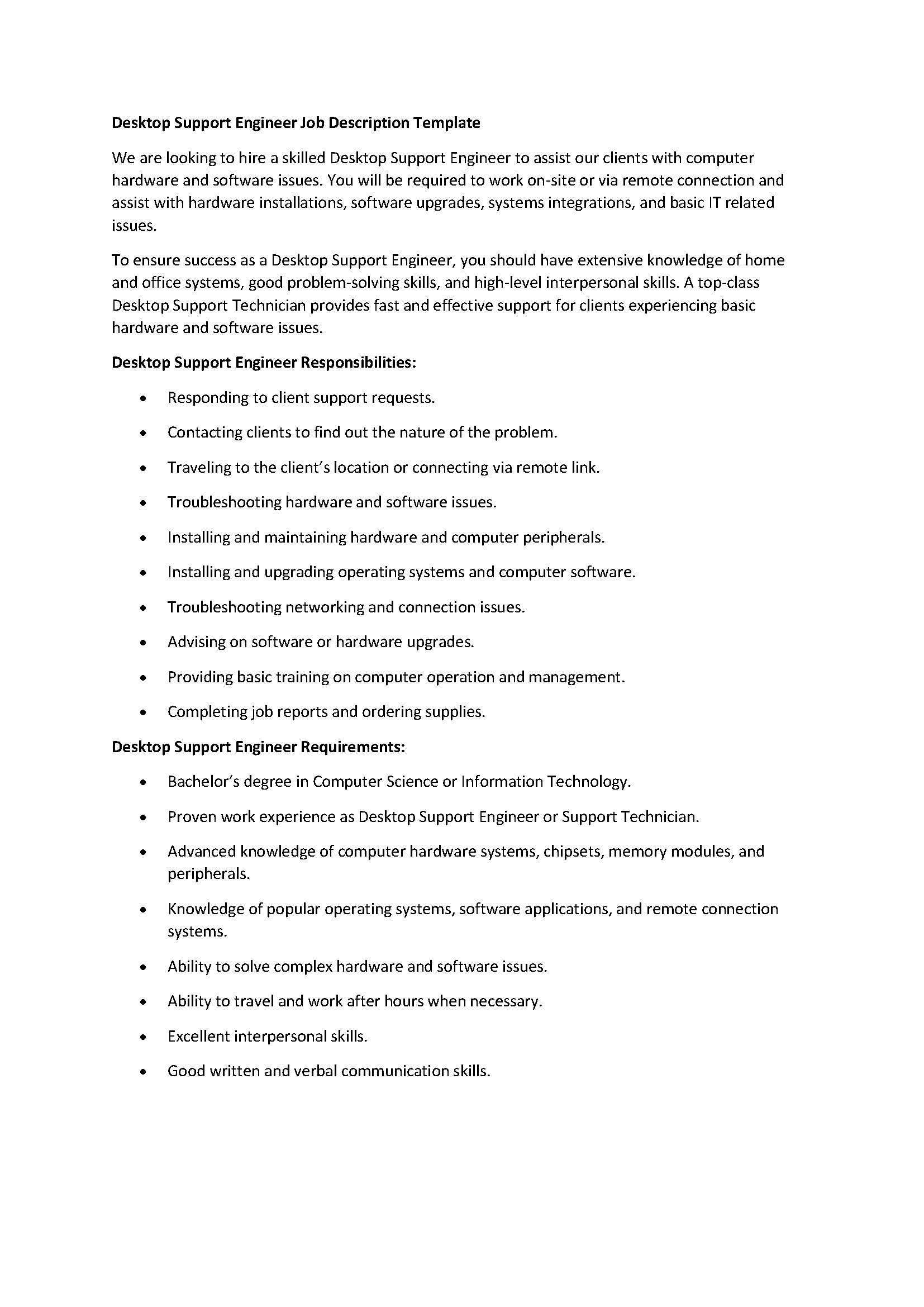 Desktop Support Engineer Job Description Template